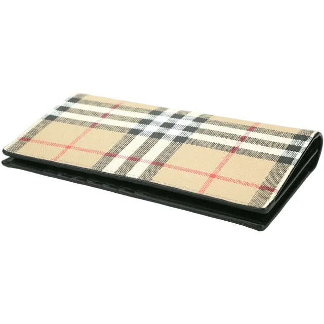 【BURBERRY 巴寶莉】Vintage 格紋PVC小牛皮襯裡對折長夾(典藏米)