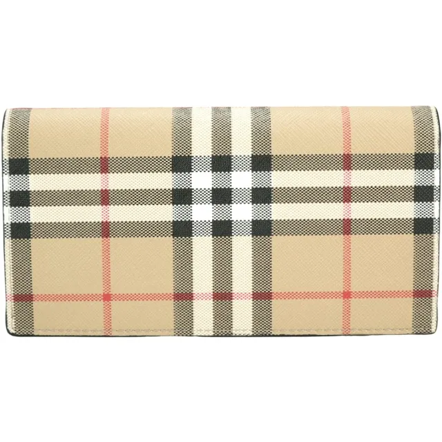 【BURBERRY 巴寶莉】Vintage 格紋PVC小牛皮襯裡對折長夾(典藏米)