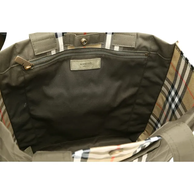 【BURBERRY 巴寶莉】Check 戰馬騎士麂皮徽標 格紋拼接帆布肩背托特包(軍綠)