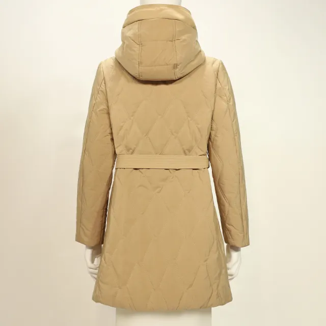 【ILEY 伊蕾】連帽拼接菱格長版鋪棉外套(卡其；M-XL；1254314135)