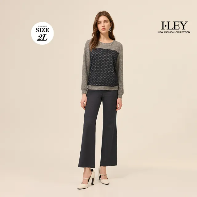 【ILEY 伊蕾】印花縲縈拼接大學T(深藍；M-2L；1253011612)
