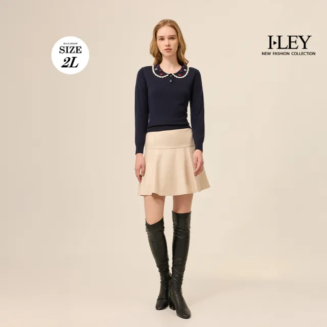 【ILEY 伊蕾】造型領羊毛針織上衣(深藍；M-2L；1254455002)