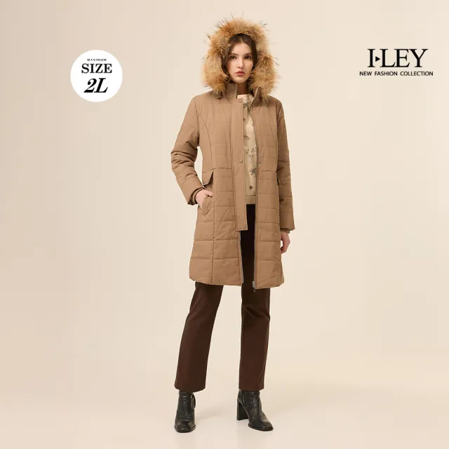 【ILEY 伊蕾】貉子毛長版鋪棉連帽外套(深咖；M-2L；1254534103)