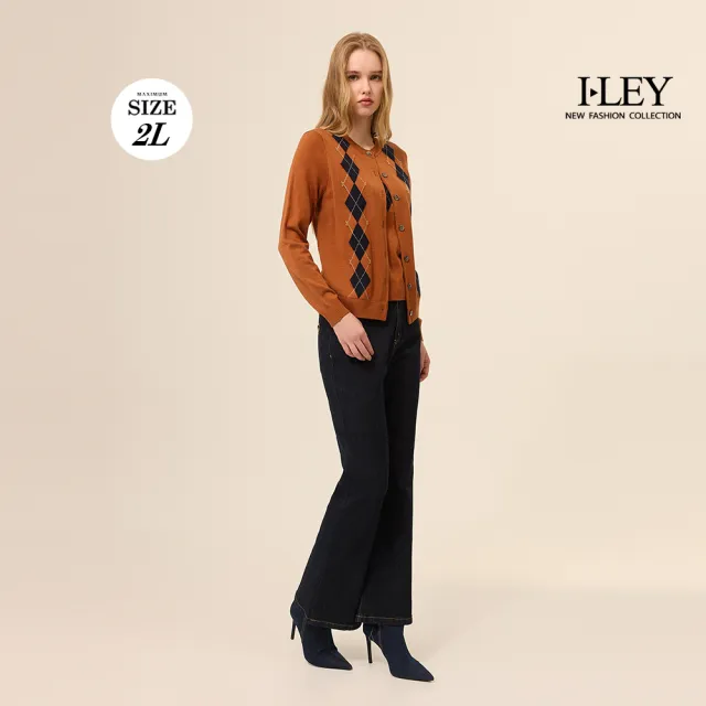【ILEY 伊蕾】菱格紋羊毛假兩件針織上衣(桔；M-2L；1254345401)