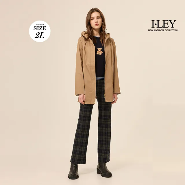 【ILEY 伊蕾】格紋內裡連帽防風長版外套(咖；M-2L；1253074909)
