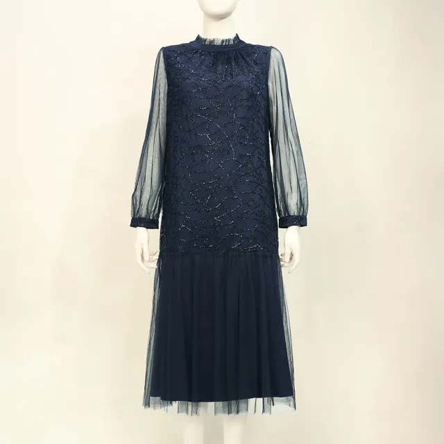 【ILEY 伊蕾】刺繡亮片網紗H型長洋裝(深藍；M-2L；1253017102)