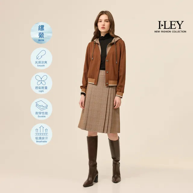 【ILEY 伊蕾】假兩件縲縈格紋連帽外套(深咖；M-XL；1253014013)