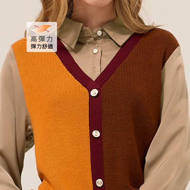 【ILEY 伊蕾】撞色拼接假兩件針織上衣(卡其；M-XL；1253175402)