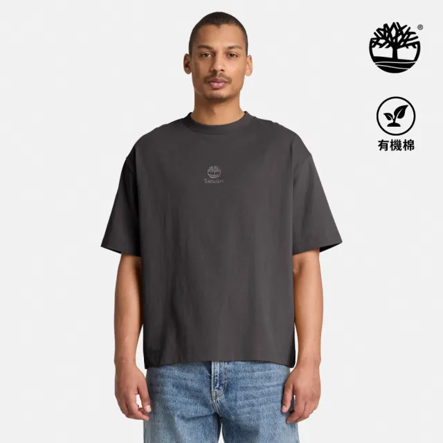 【Timberland】男款灰黑色寬版厚磅刺繡LOGO短袖T恤(A2781CN1)