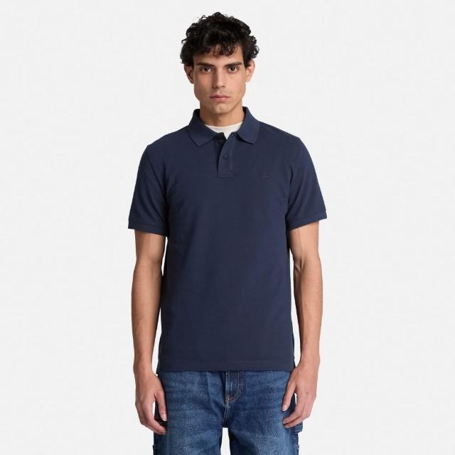 【Timberland】男款深寶石藍刺繡LOGO短袖Polo衫(A2AC1433)