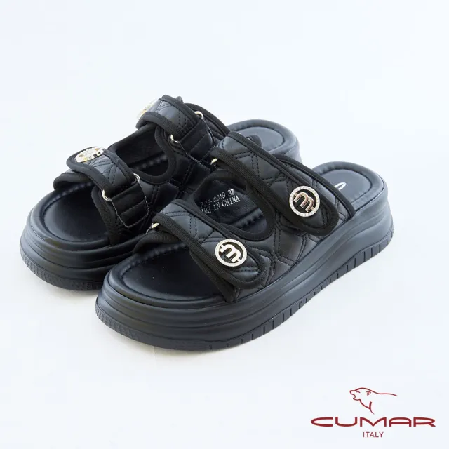 【CUMAR】菱格紋雙帶厚底涼拖鞋726-024(黑色)