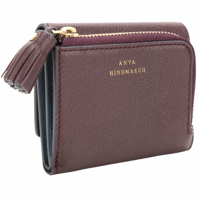 【ANYA HINDMARCH】Peeping Eyes 大眼睛內裡 山羊皮三折迷你短夾(酒紅色 英國設計精品)