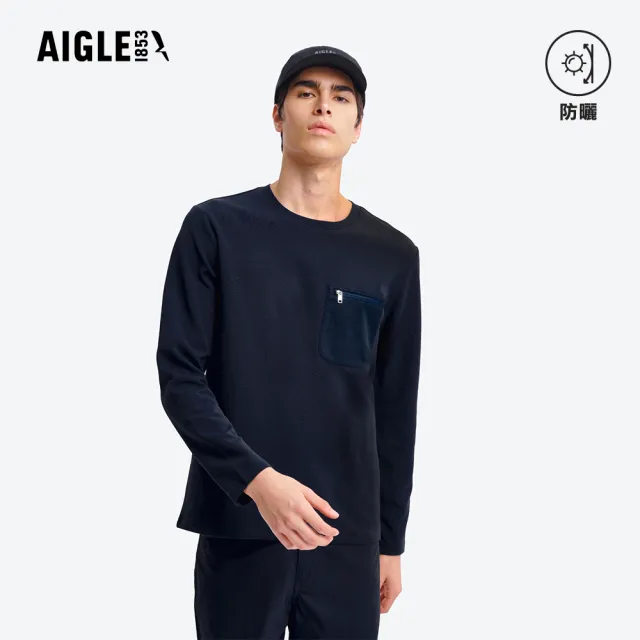 【AIGLE】男 抗UV長袖T恤｜AG-5A140A057 深藍 (男裝 有機棉 防曬 抗UV 長袖 長袖上衣 長袖T恤)