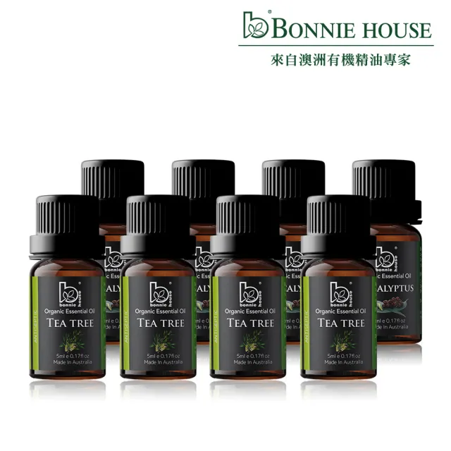 【Bonnie House 植享家】雙有機認證精油加倍組(尤加利精油5ml×4＋茶樹精油5ml×4)