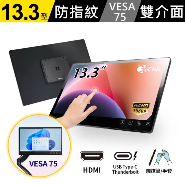 【GeChic 給奇創造】T131B 13.3型 廣視角 電容式 觸控螢幕(AF防指紋鍍膜/可壁掛/易嵌入)