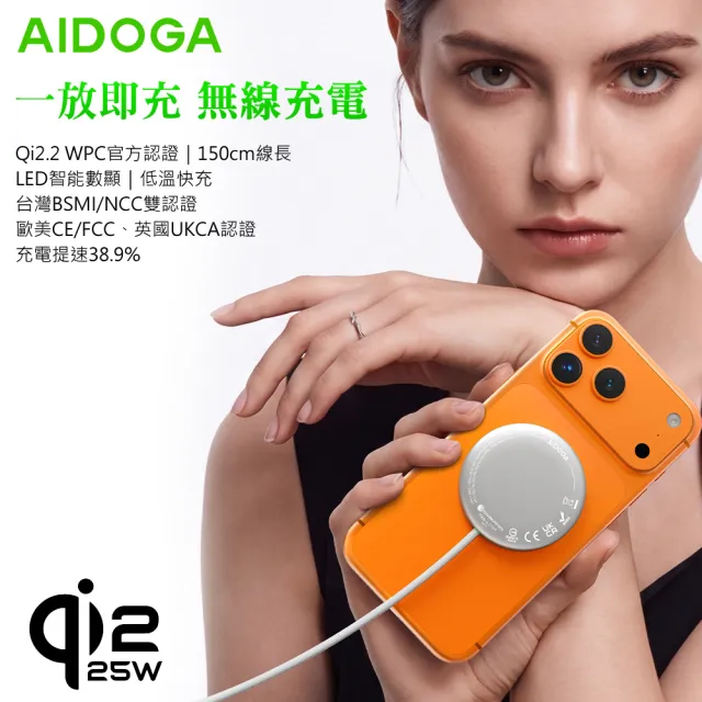 【AIDOGA】長線 Qi2.2 25W 磁吸快充無線充電器 數顯 MagSafe 1.5M 支援iPhone 18/17/安卓/手機/耳機
