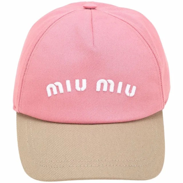 【MIU MIU】字母刺繡 撞色斜紋純棉棒球帽(粉x卡其色)
