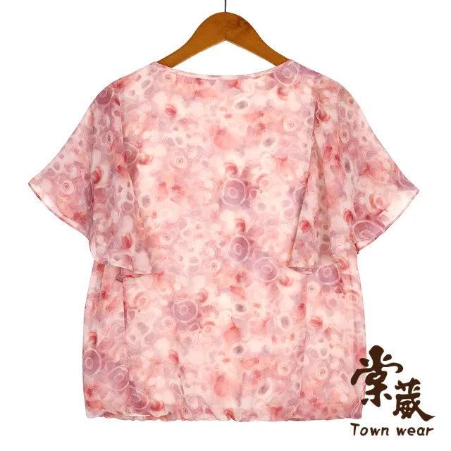 【TOWN’WEAR 棠葳】荷葉袖圓紋線條雪紡上衣(中大尺碼/女上衣/女上著/雪紡/短袖/鑽式/荷葉)