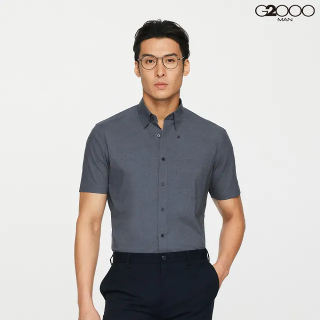 【G2000】男款 免熨防皺口袋款彈性單色紗短袖上班襯衫-深藍色(2113101279) 面試 職場 通勤穿搭