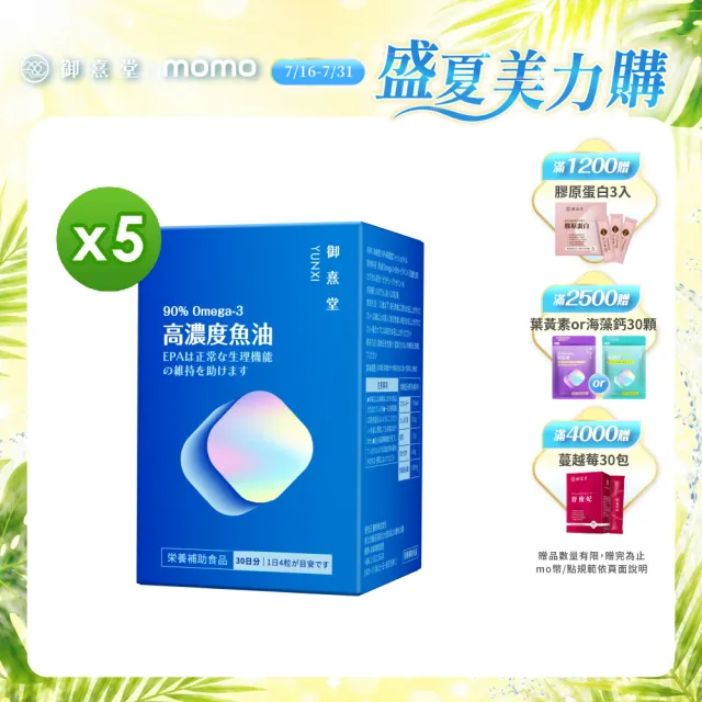 【御熹堂】黃金頂級 90%高濃度專利魚油5入組(一入120顆、醫師推薦、90%Omega-3、rTG好吸收)