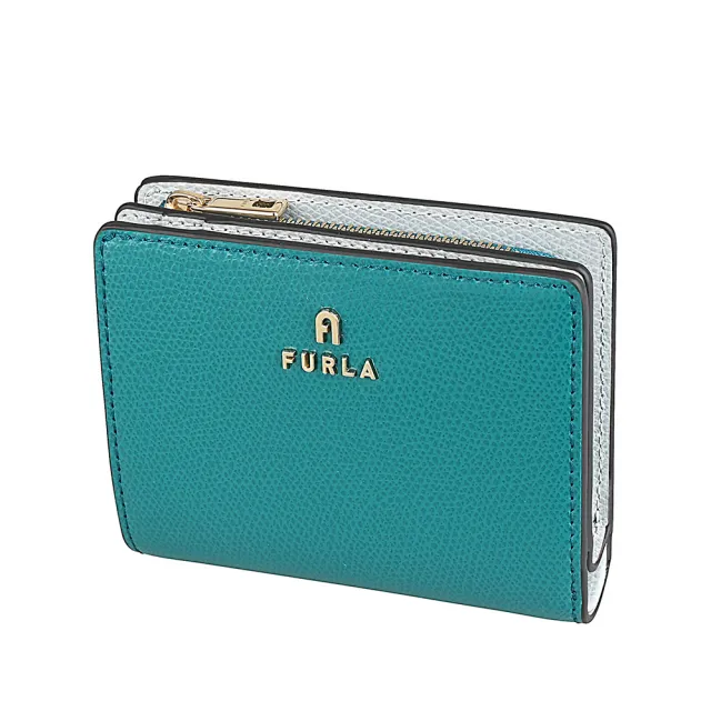 【FURLA 芙拉】FURLA Camelia雷雕鍍金字LOGO小牛皮4卡按釦式零錢短夾(藍綠x淡灰)