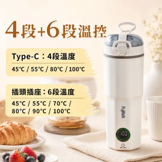 【Fujitek 富士電通】480ML旅煮杯丨國際電壓Type-C電熱水杯FTK-LN045(快煮杯 快煮壺 行熱杯 可行動電源)
