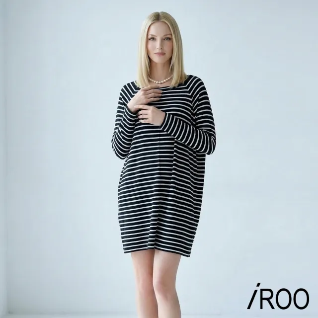 【iROO】圓領黑白條紋長版上衣