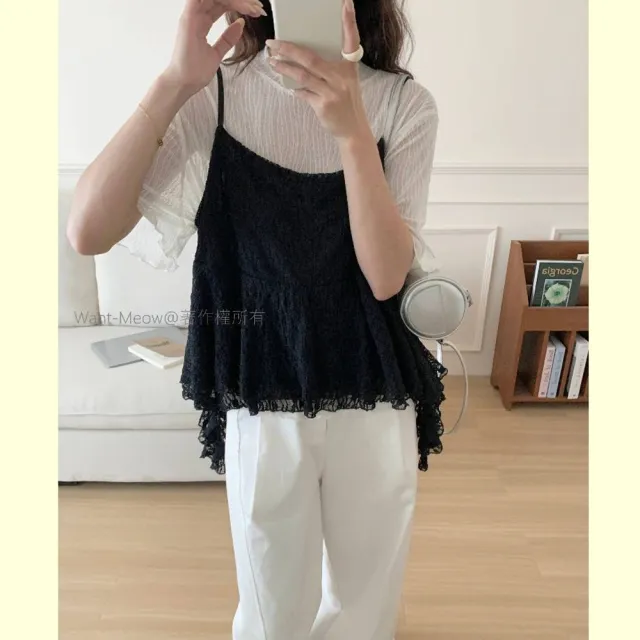 【Want-Meow】90公斤可穿/大胸可/日系細肩帶可調質感蕾絲背心吊帶背心(大碼上衣/大碼/大尺碼/吊帶背心)