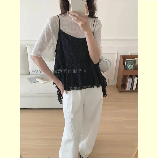 【Want-Meow】90公斤可穿/大胸可/日系細肩帶可調質感蕾絲背心吊帶背心(大碼上衣/大碼/大尺碼/吊帶背心)