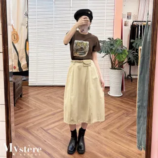 【my stere 我的時尚秘境】立體剪裁氣球裙 附造型腰帶 淺卡其 中長裙 腰帶長裙 中筒裙 卡其