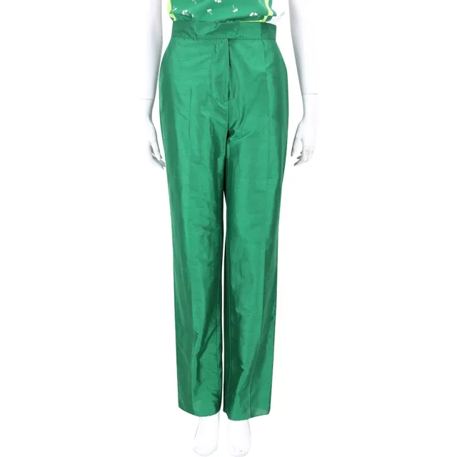 【MaxMara】CALADIO 亮澤泰絲無襯裡綠色長褲(義大利高級時裝品牌)