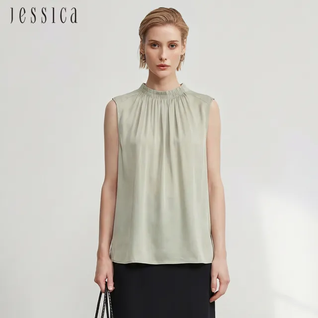 【JESSICA】百搭氣質立領抓皺蠶絲無袖背心上衣（綠）J63305