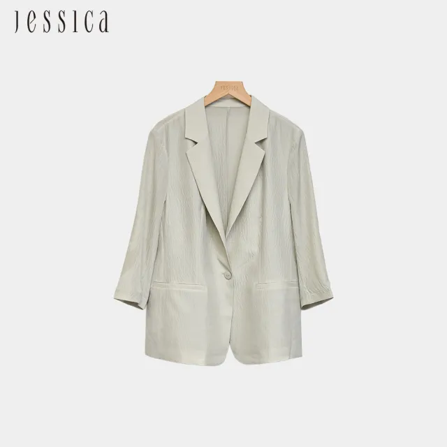 【JESSICA】氣質知性素色蠶絲七分袖西裝外套（灰綠）J63001