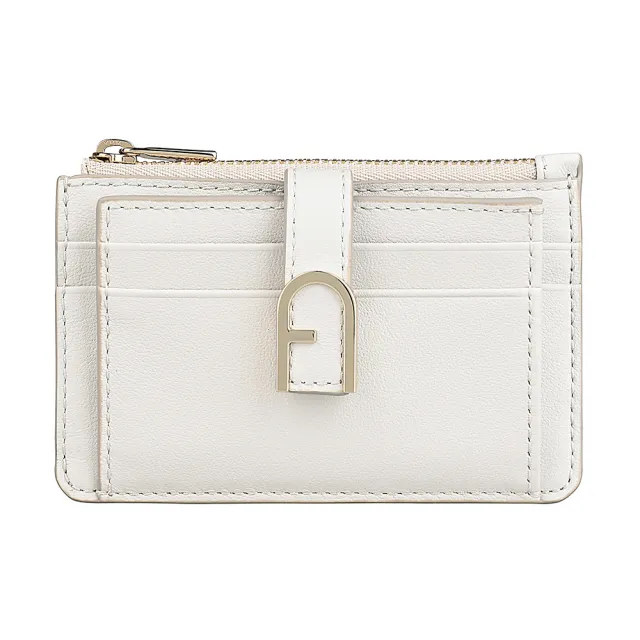【FURLA 芙拉】FURLA FLOW金屬LOGO拱門設計小牛皮5卡拉鍊壓釦卡片零錢包(棉花糖白)