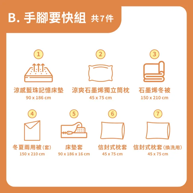 【Darphia 朵法亞】學生宿舍寢具│手腳要快7件套組 (涼感記憶床墊+石墨烯獨立筒枕+石墨烯冬被+換洗織品)