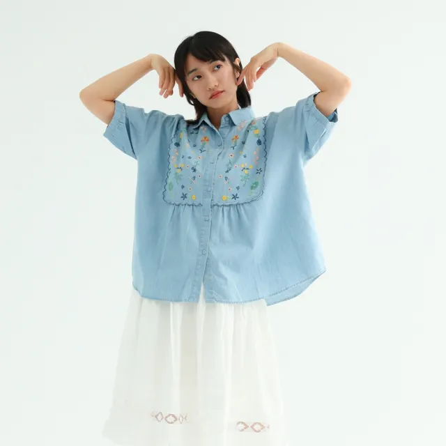 【PINK NEW GIRL】田園花卉刺繡寬鬆短袖襯衫 A6202BC