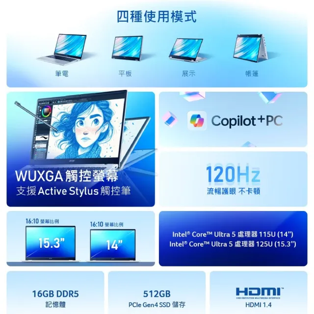 【Acer】筆電包/羅技鼠★15吋AI觸控翻轉筆電(Aspire Spin/ASP15-51N-57Z5/Ultra 5-125U/16G/512G/W11)