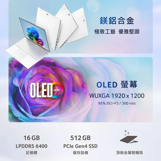 【Acer】送羅技滑鼠★16吋Ryzen AI 7 輕薄OLED AI 筆電(Swift Air/SFA16-61M-R7T5/R7-350/16G/512G/W11)