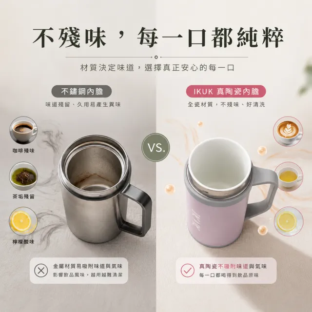【IKUK 艾可】真陶瓷內膽保溫杯-瓷芯上蓋手把保溫杯500ml(辦公杯/咖啡保溫杯/保溫瓶/母親節禮物)