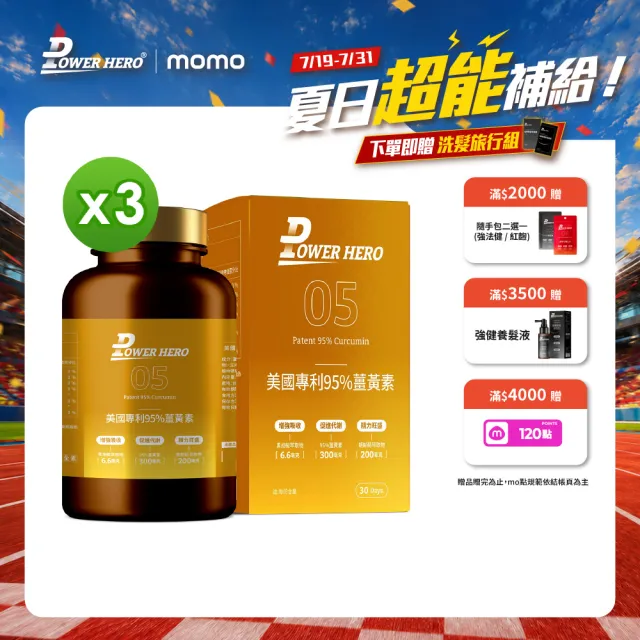 【PowerHero 勁漢英雄】美國專利95%薑黃素x3盒(60顆/盒、法國朝鮮薊萃取物、專利黑胡椒鹼萃取、牛磺酸)