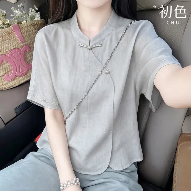 【初色】新中式純色圓領斜襟盤扣衣邊刺繡寬鬆短袖襯衫上衣女上衣-灰色-52625(M-XL可選)