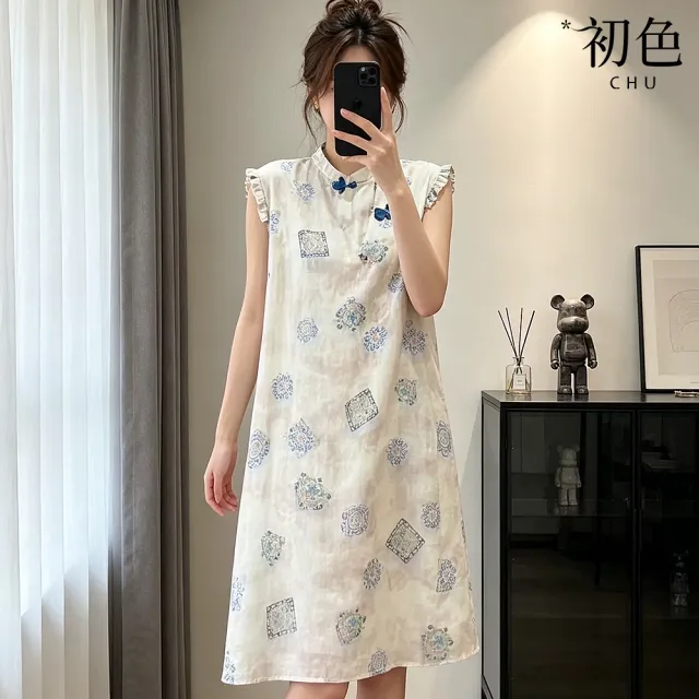 【初色】新中式立領短袖小飛袖花邊斜襟盤扣圖騰印花旗袍裙中長裙連衣裙連身洋裝長裙-花色-52562(M-2XL可選)