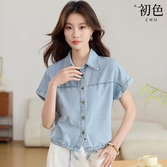 【初色】復古風牛仔抽繩單排扣襯衫領短袖上衣女上衣-藍色-52491(M-XL可選)