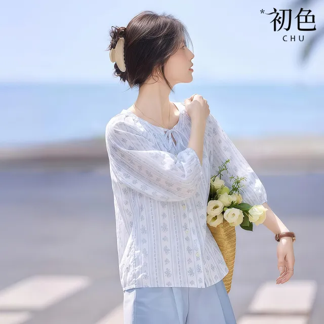 【初色】法式浪漫風圓領綁帶文藝印花輕薄顯瘦五分袖襯衫上衣女上衣-共2色-52612(M-2XL可選)
