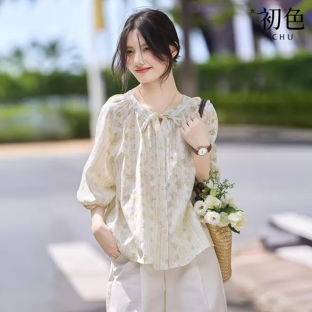 【初色】法式浪漫風圓領綁帶文藝印花輕薄顯瘦五分袖襯衫上衣女上衣-共2色-52612(M-2XL可選)