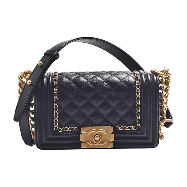 【CHANEL 香奈兒】經典BOY系列柔皺紋牛皮皮穿鍊壓邊仿舊金屬肩背包(黑-20cm)