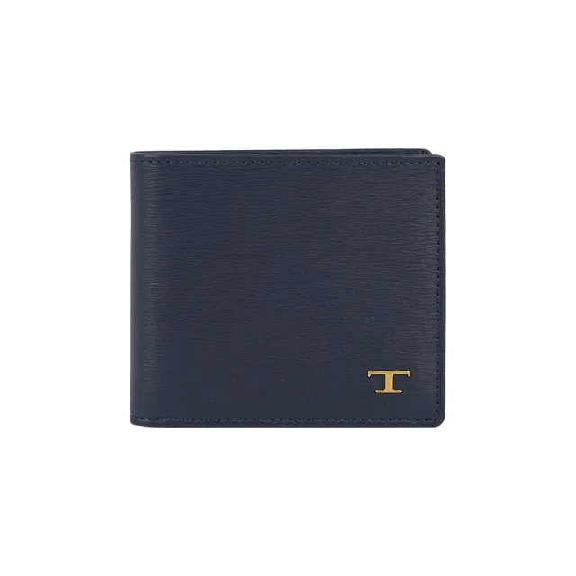 【TOD’S】金色T Logo 水波紋牛皮對開8卡短夾(海軍藍)