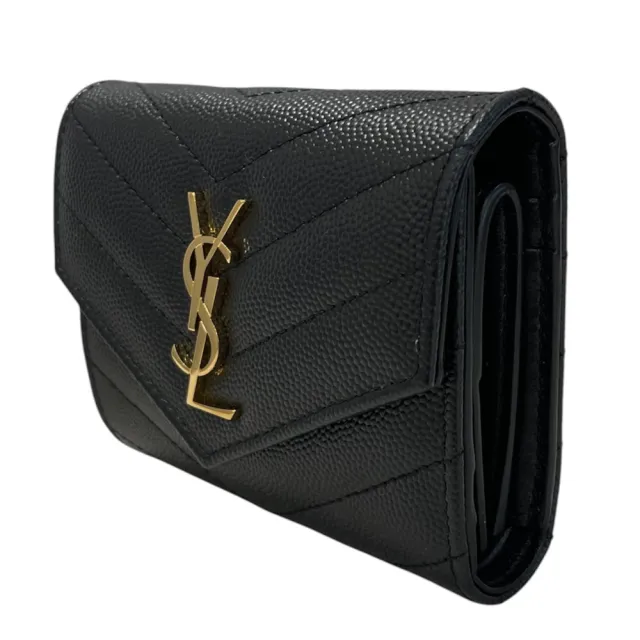 【YSL】牛皮三折開釦短夾零錢包 黑色