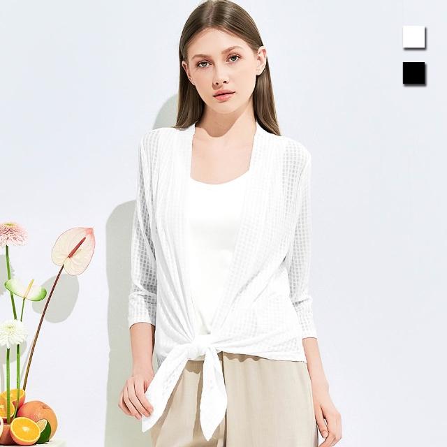 【TOWN’WEAR 棠葳】格紋透膚綁結罩衫 2色(中大尺碼/女上衣/女上著/素色/外套/小外套/七分袖/涼感)
