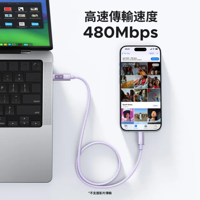 【綠聯】綠聯 小機器人 100W 雙USB-C  粉紫色 充電線/傳輸線 2公尺(UGREEN/PD快充/Type-C/編織線/C-C/2M)